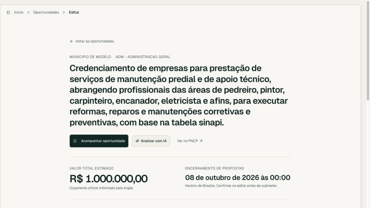 Detalhe real de edital na Editaliza, com valor estimado, prazo e ação de análise com IA